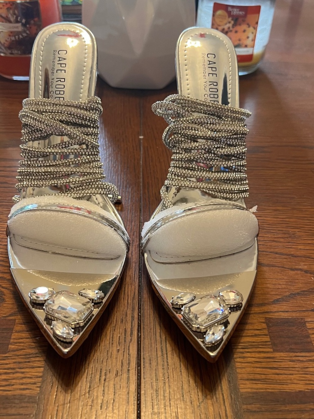 NWOT Gem-Trimmed Metallic Ankle Wrap Stiletto Heels.